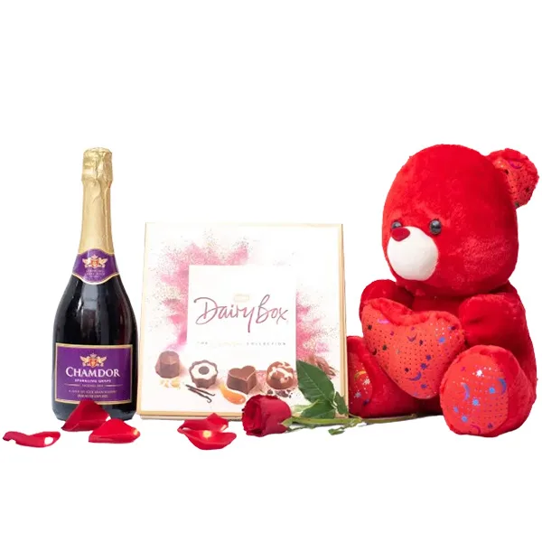 Non Alcoholic Drink, Teddy bear and Chocolate Hamper