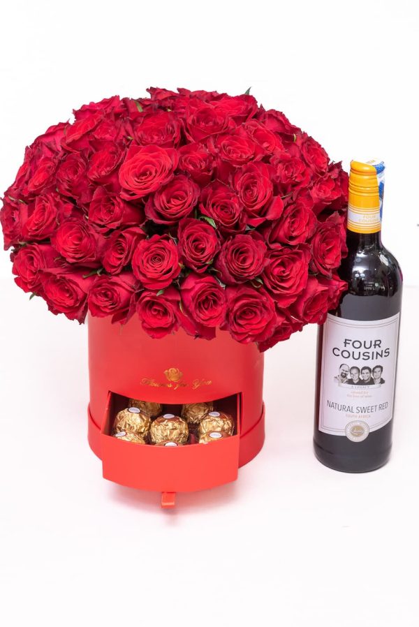 Shreds of Tenderness - Red Roses Flower Box with Chocolate and Red Wine