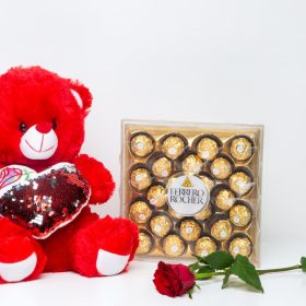 Wonder Love Combo - Single Red Rose Red Teddy Bear Ferrero Chocolate